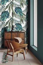 Exotic Blue Oversized Tropical Leaves White Wallpaper