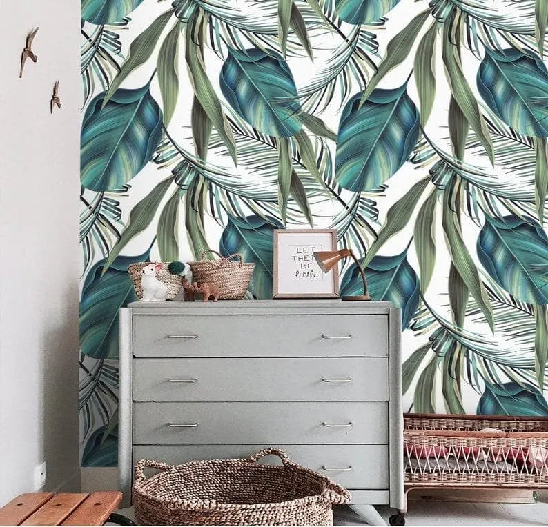 Exotic Blue Oversized Tropical Leaves White Wallpaper