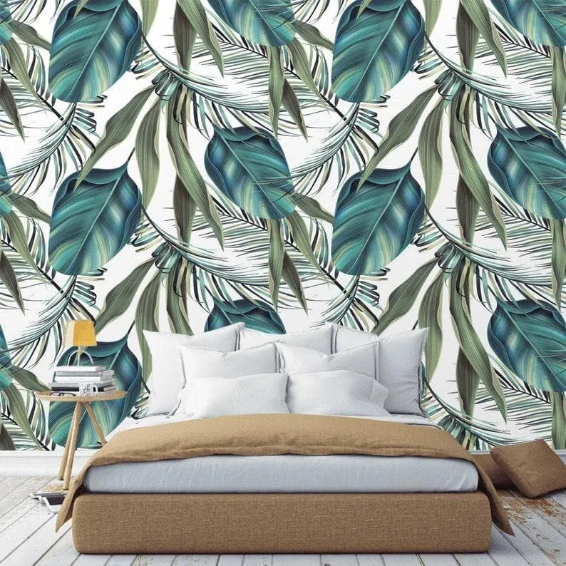 Exotic Blue Oversized Tropical Leaves White Wallpaper