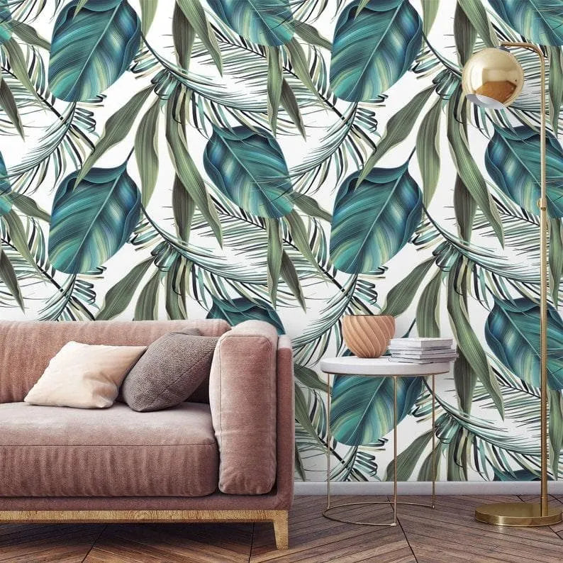 Exotic Blue Oversized Tropical Leaves White Wallpaper