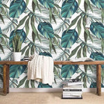 Exotic Blue Oversized Tropical Leaves White Wallpaper