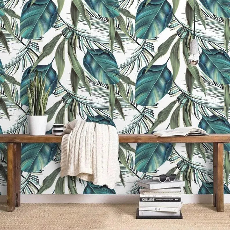 Exotic Blue Oversized Tropical Leaves White Wallpaper