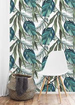 Exotic Blue Oversized Tropical Leaves White Wallpaper