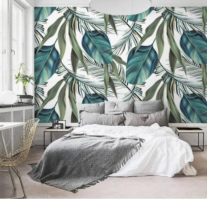 Exotic Blue Oversized Tropical Leaves White Wallpaper