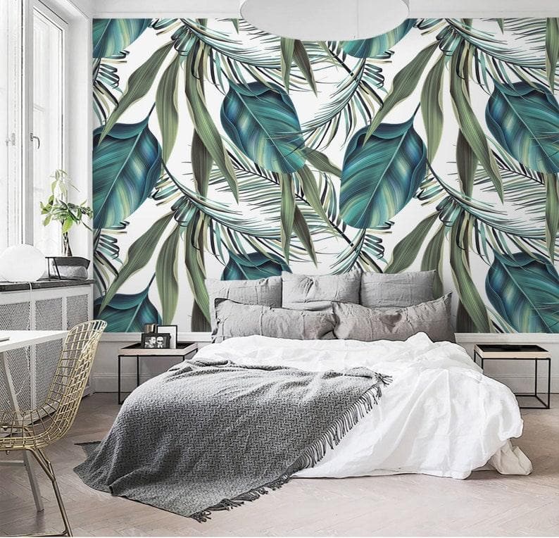Exotic Blue Oversized Tropical Leaves White Wallpaper 