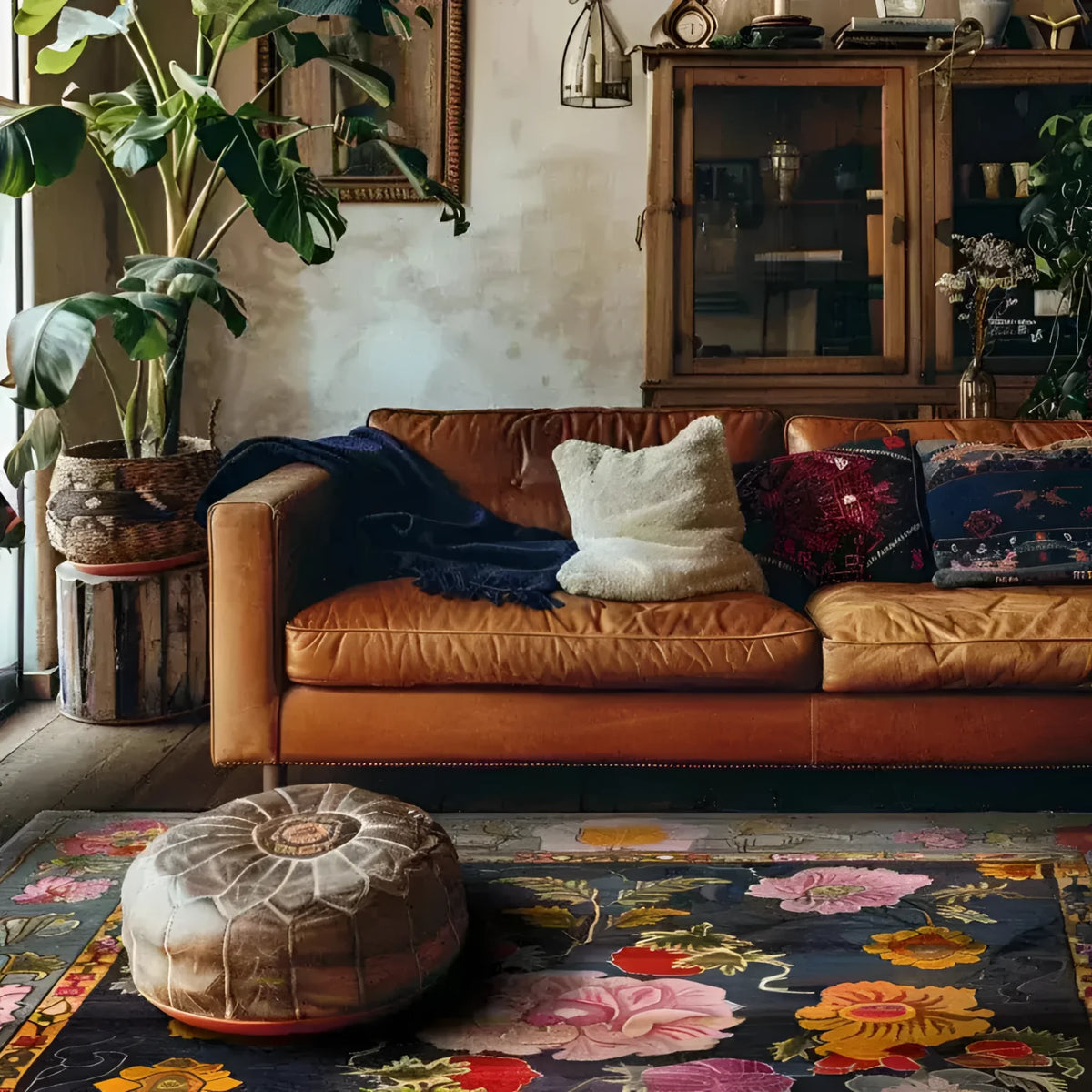 A cozy living room featuring a large, hand-tufted floral area rug. The square rug, made of wool, showcases vibrant exotic flower patterns, adding a touch of elegance to the space. Complemented by a warm-toned leather sofa and lush indoor plants, this area rug is perfect for enhancing the aesthetic of any living room.