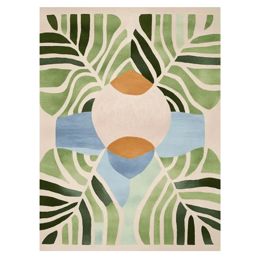 Vibrant Exotic Leaf Mirage hand-tufted area rug featuring bold abstract patterns in green, blue, and orange, perfect for contemporary living rooms. Ideal as an 8x10 wool rug, this piece adds a modern touch to any space, showcasing a unique design with leafy motifs.