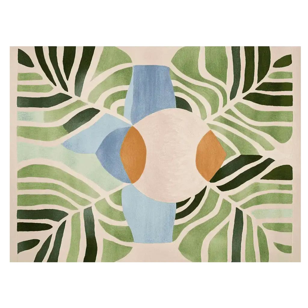 Exotic Leaf Mirage Hand Tufted Area Rug featuring a vibrant design with green leaf patterns and abstract shapes in blue and orange, ideal for contemporary living room decor. This 8x10 wool rug adds a bold statement to any space, perfect for those seeking unique rugs for living room settings.