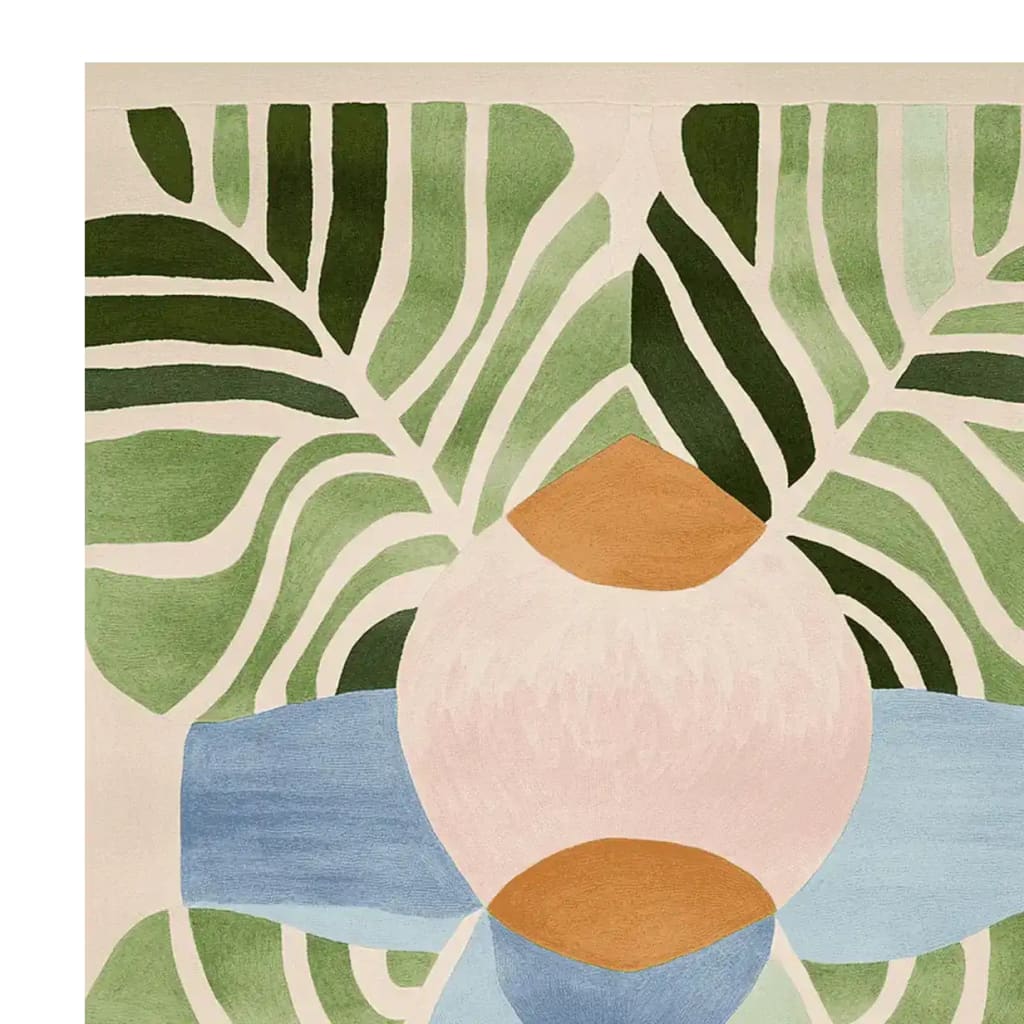 Exotic Leaf Mirage Hand Tufted Area Rug featuring a vibrant abstract design with lush green leaves, pastel pink, and blue shapes. Perfect for adding a contemporary touch to your living room decor, this 8x10 wool rug is a striking choice among rugs for living room settings.