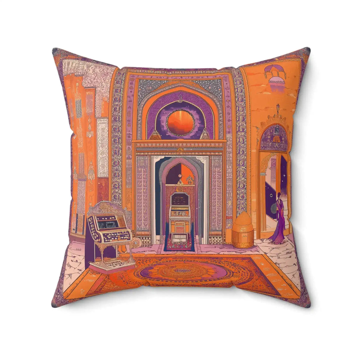 Exotic Persian-Inspired Throw Pillow tall isolate showing full ornate palace arch, orange walls and detailed tilework