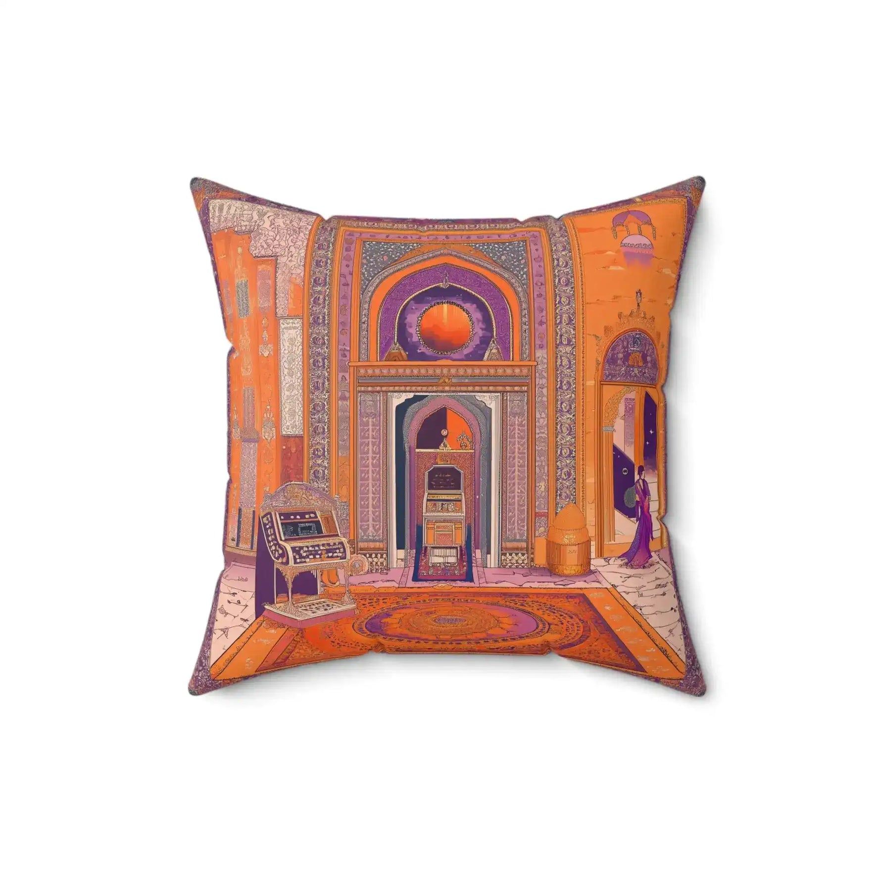 Exotic Persian-Inspired Throw Pillow angled right, palace arch print with orange walls, round carpet and robed figure