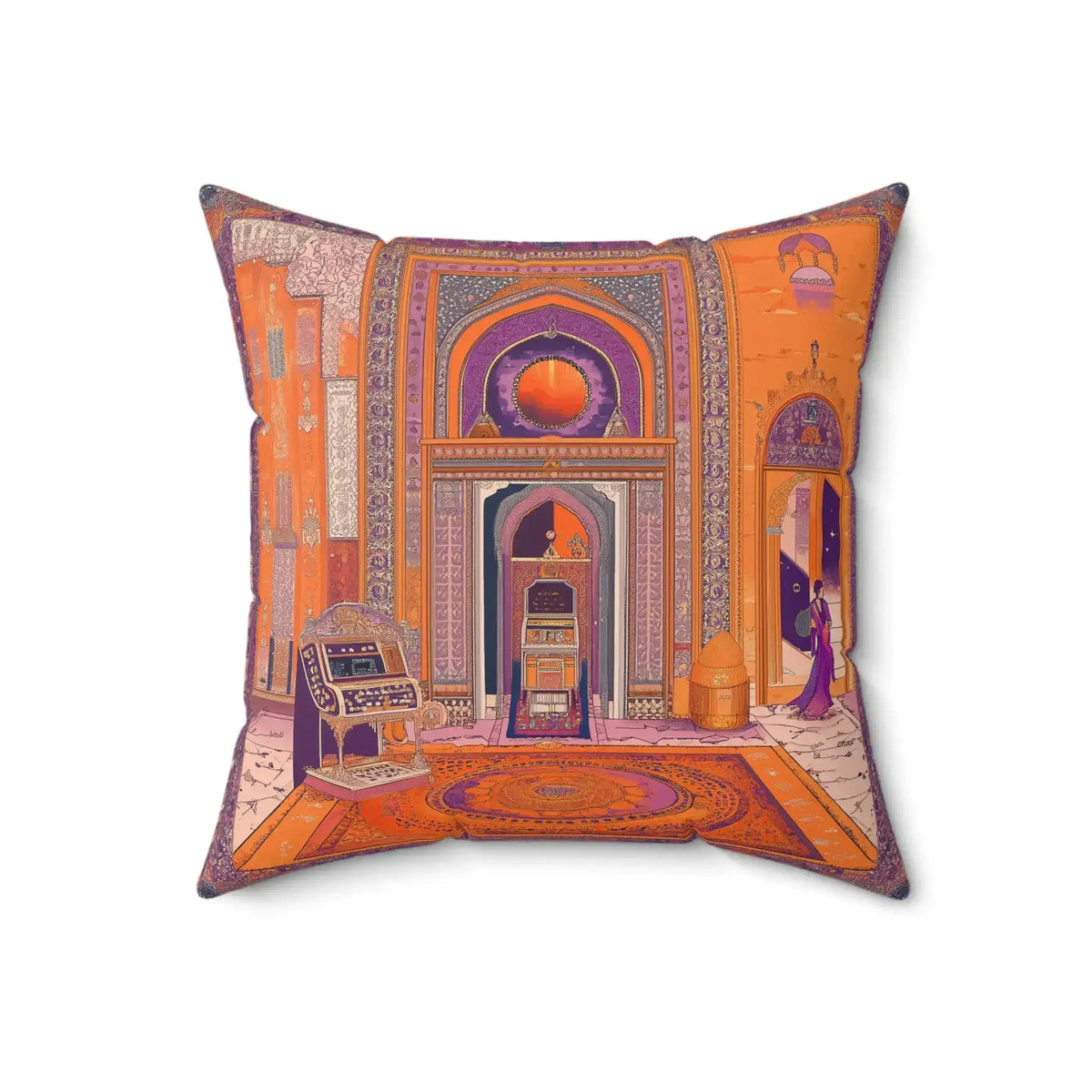 Exotic Persian-Inspired Throw Pillow larger front view showing full Persian palace scene with arched doorway