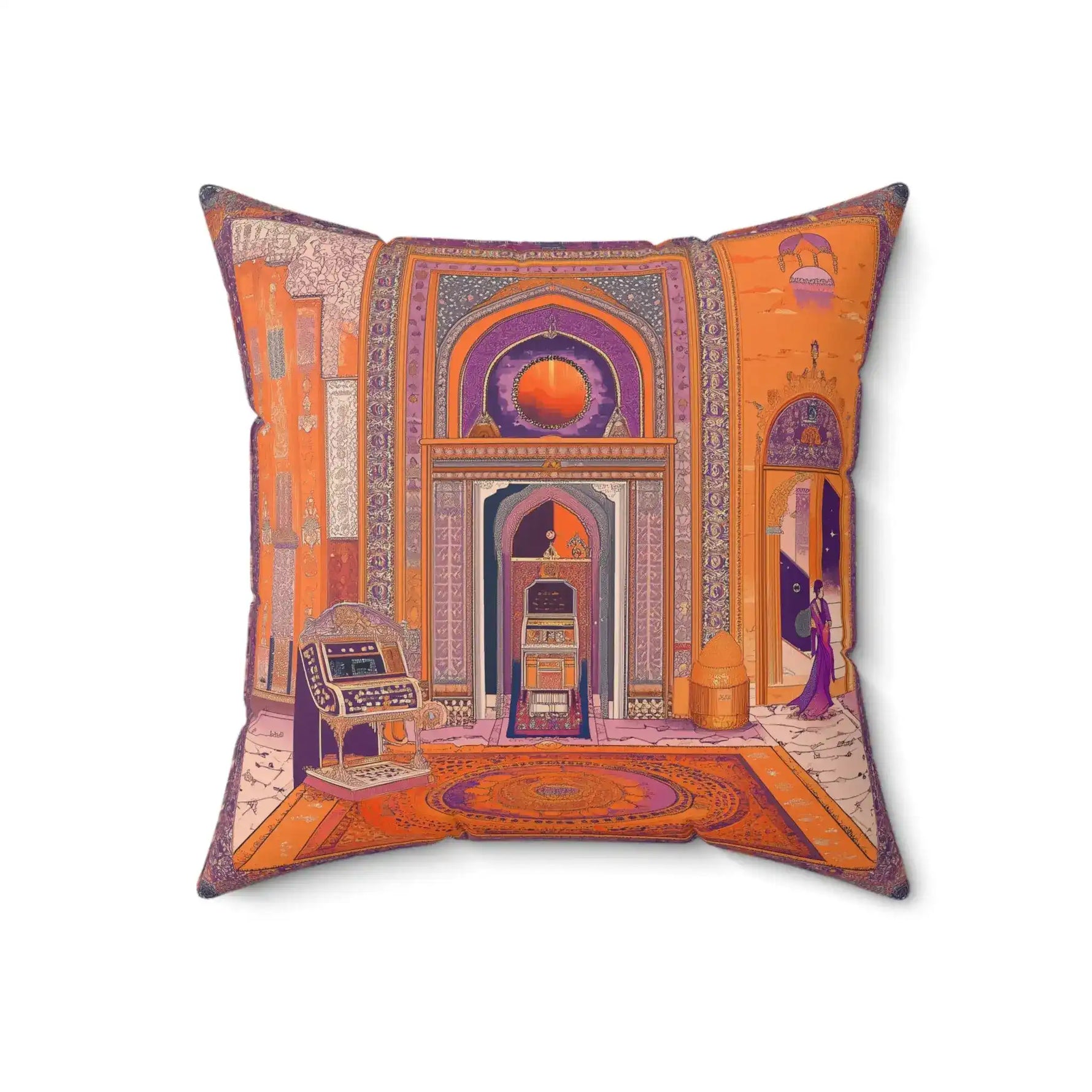 Exotic Persian-Inspired Throw Pillow larger front view showing full Persian palace scene with arched doorway