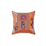Exotic Persian-Inspired Throw Pillow with ornate palace interior scene, terracotta orange walls and purple tiled arch