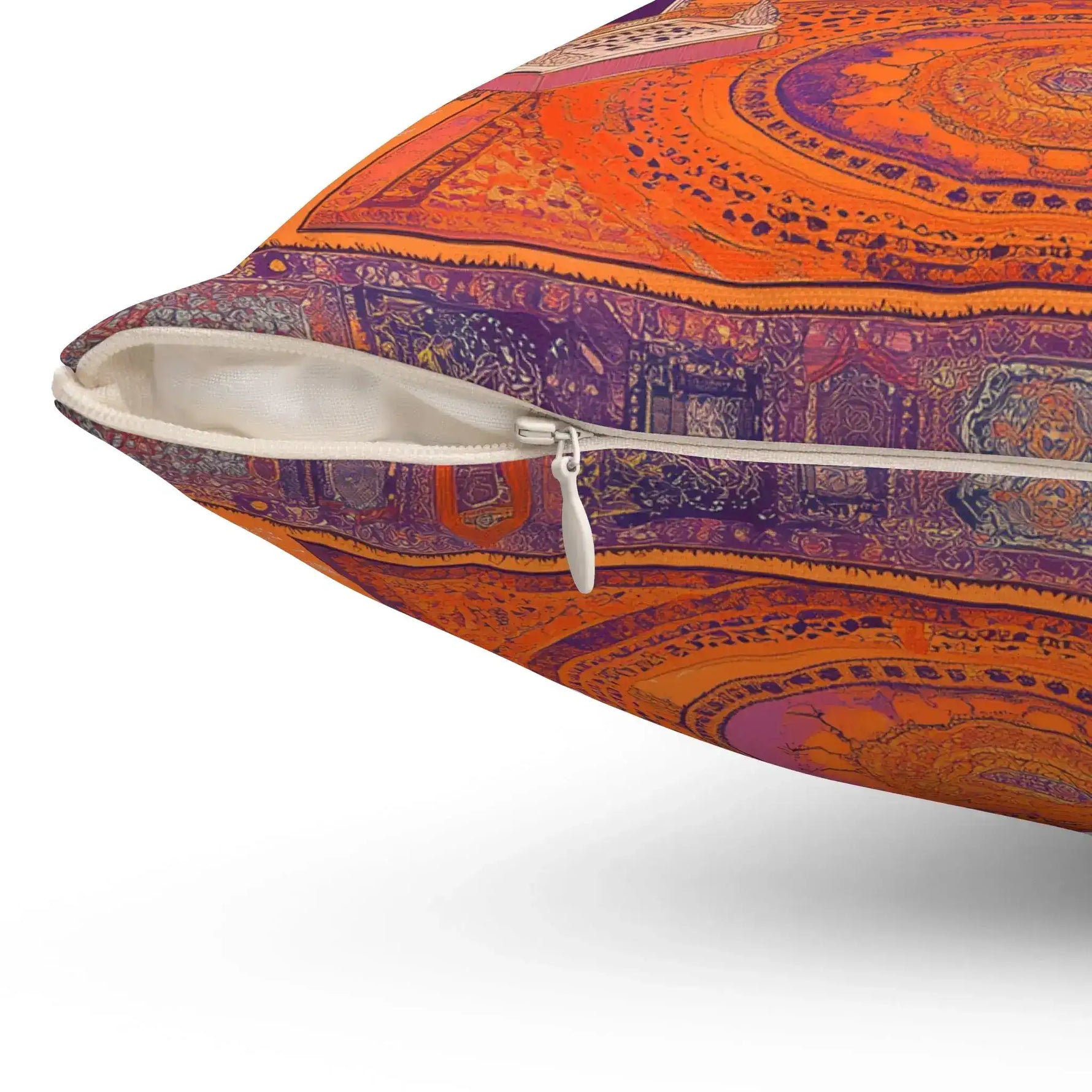 Exotic Persian-Inspired Throw Pillow zipper detail showing orange and purple mandala tilework with white zipper
