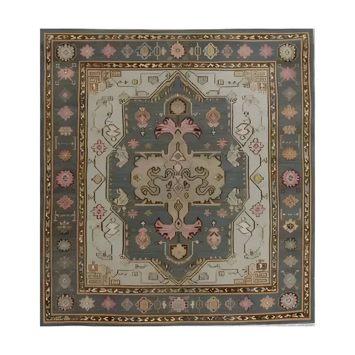 A vibrant hand-knotted area rug featuring intricate Persian-inspired patterns with rich colors, including pink, blue, and beige. The ornate design showcases a central medallion surrounded by detailed floral and geometric motifs, creating an exotic and luxurious feel.