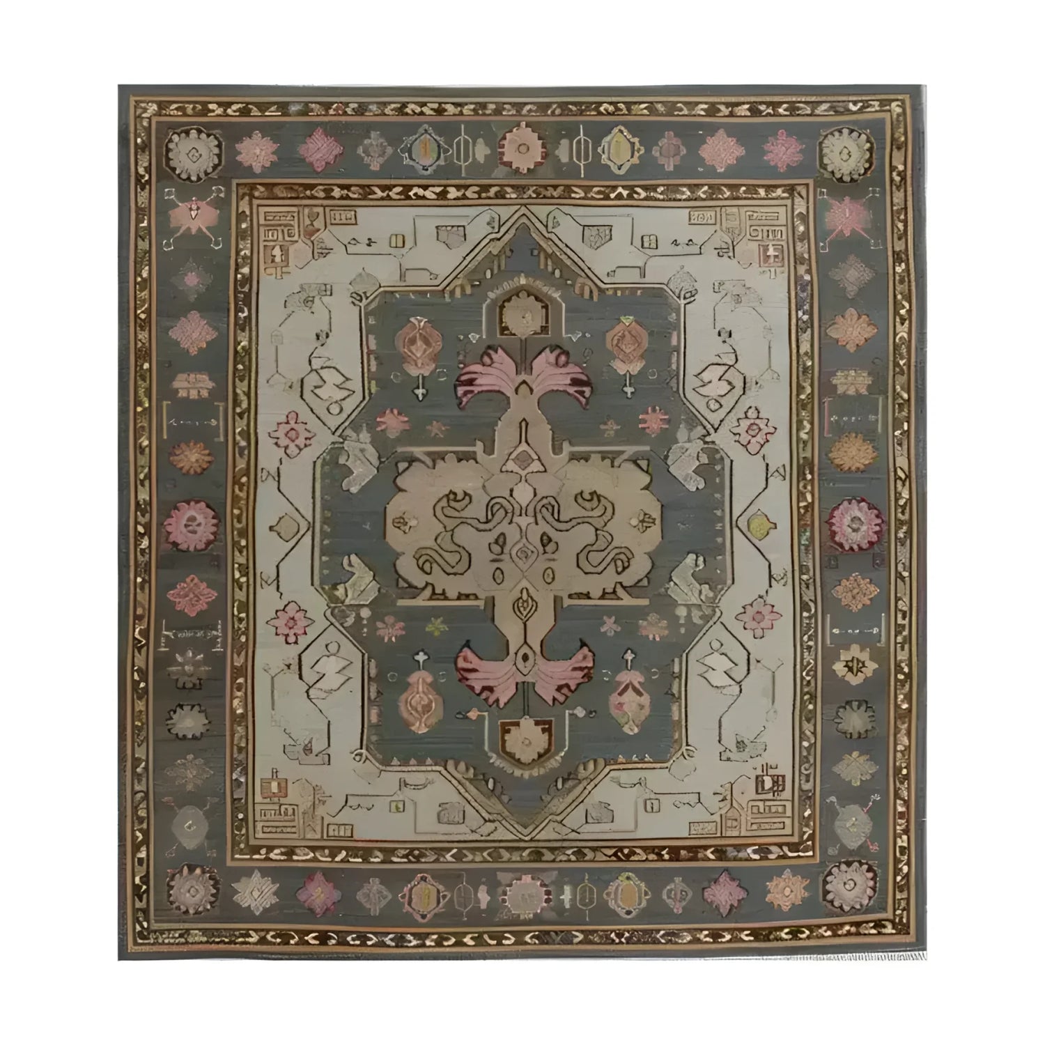 A vibrant hand-knotted area rug featuring intricate Persian-inspired patterns with rich colors, including pink, blue, and beige. The ornate design showcases a central medallion surrounded by detailed floral and geometric motifs, creating an exotic and luxurious feel.