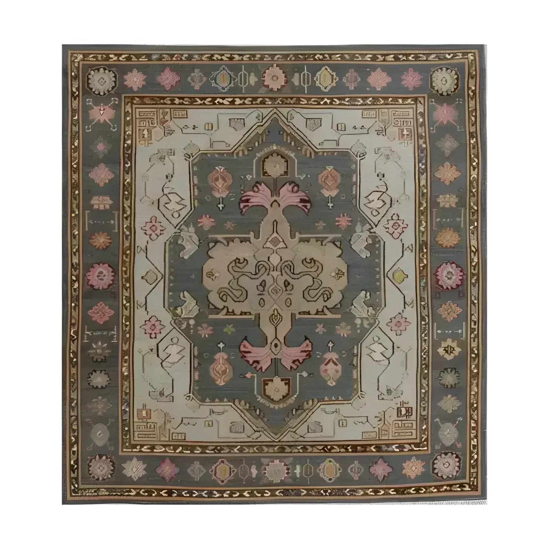 A vibrant hand-knotted area rug featuring intricate Persian-inspired patterns with rich colors, including pink, blue, and beige. The ornate design showcases a central medallion surrounded by detailed floral and geometric motifs, creating an exotic and luxurious feel.