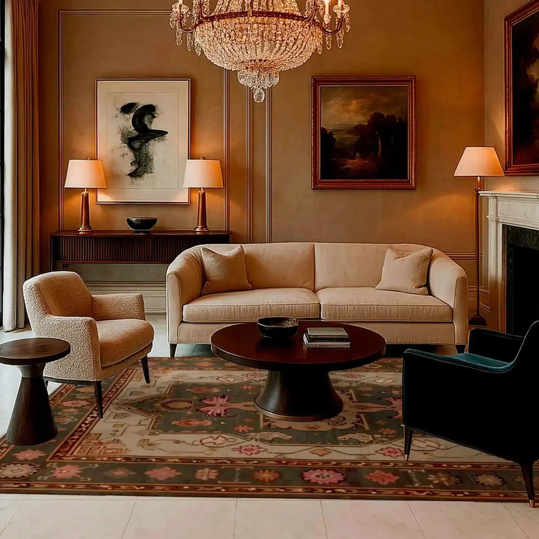 Elegant living room featuring an Exotic Persian Retreat Hand Knotted Area Rug with intricate vintage patterns, perfectly complementing the cozy beige sofa and dark wood furniture. This wool rug adds a touch of luxury and warmth, ideal for large living room spaces. The chandelier above casts a warm glow over the beautifully detailed Persian rug, creating a harmonious and inviting atmosphere.