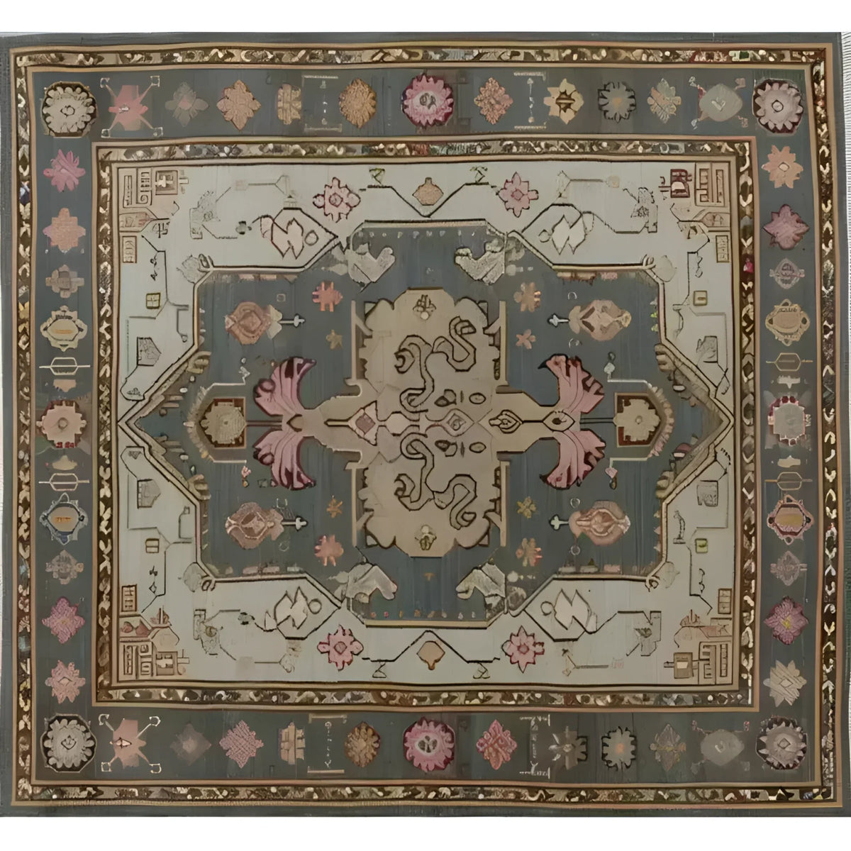 Top view of an Exotic Persian Retreat Hand Knotted Area Rug, showcasing intricate vintage patterns and muted colors, perfect for large living room spaces. This wool rug embodies the elegance of traditional Persian rugs, adding a classic touch to any living room area.