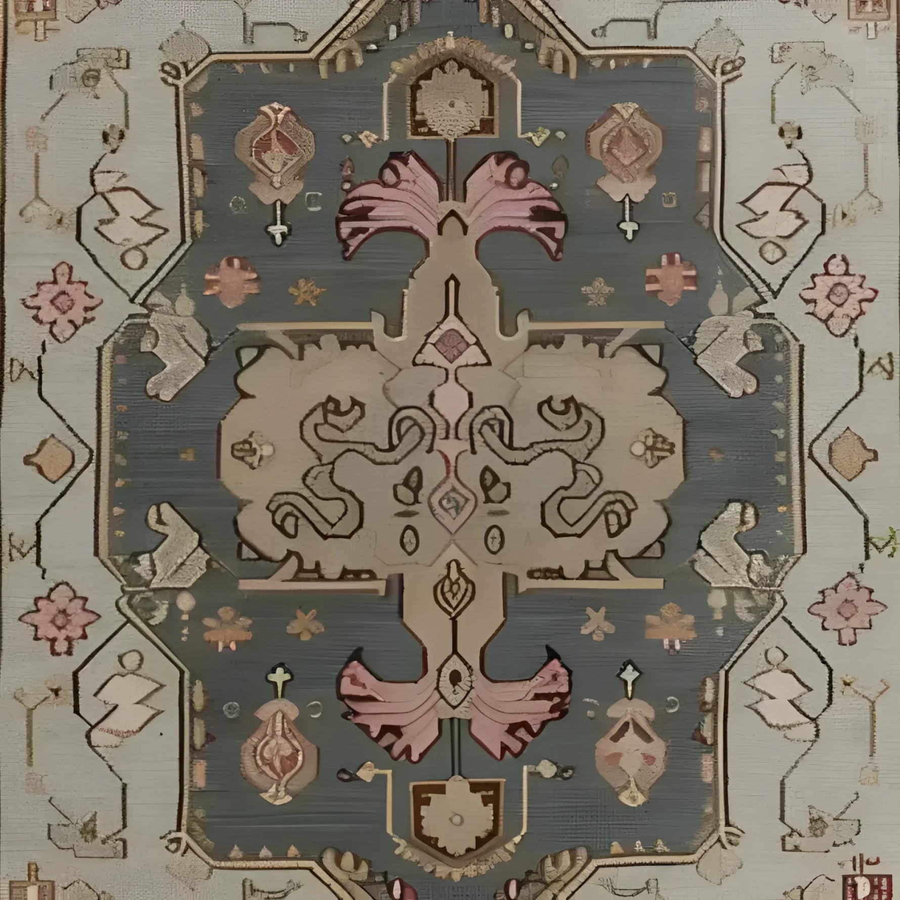 This image showcases an Exotic Persian Retreat Hand Knotted Area Rug, perfect for large living rooms. The vintage rug features intricate patterns with rich colors and traditional Persian design elements. Crafted from wool, this rug enhances any living room area with its elegant and timeless appeal.