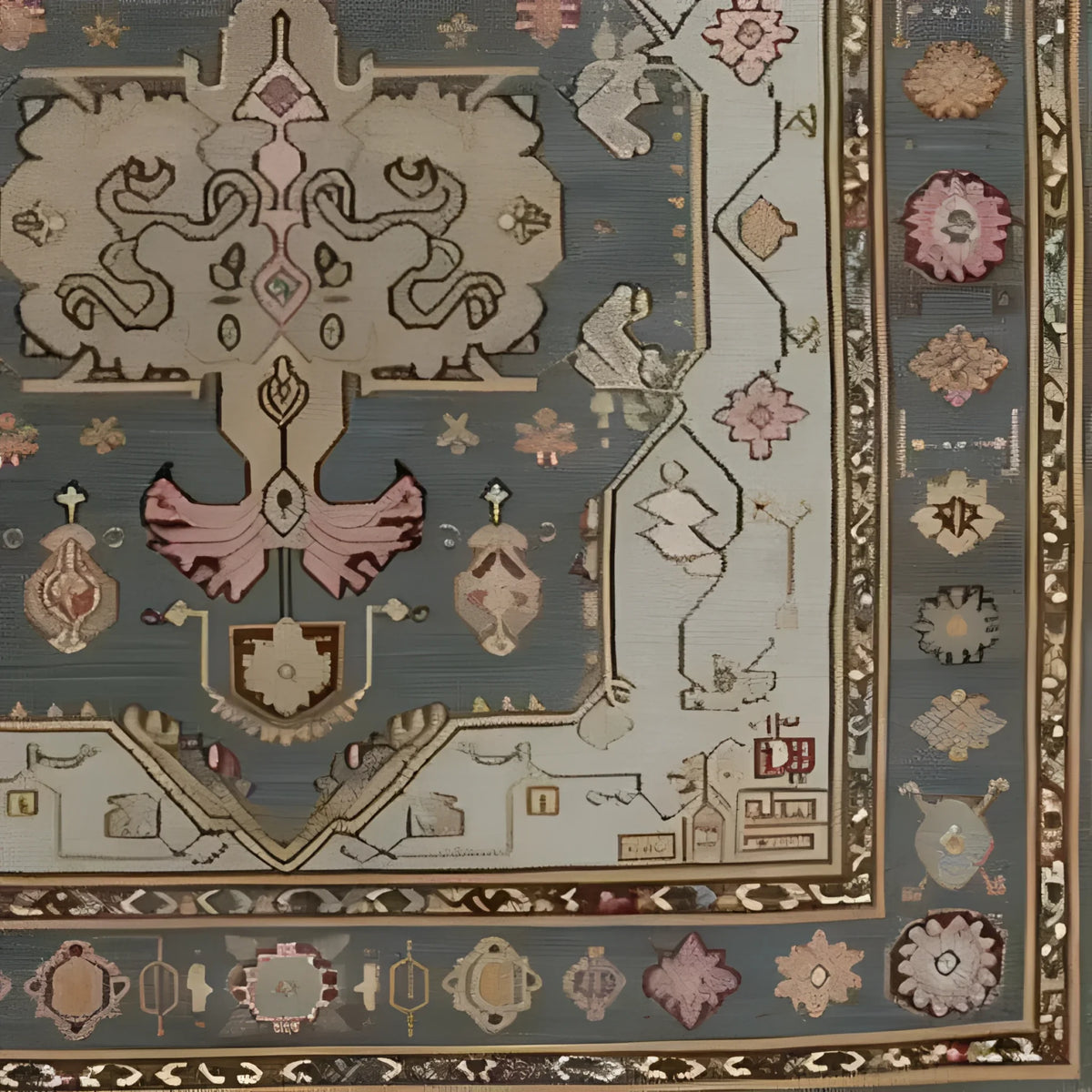 Close-up view of an Exotic Persian Retreat Hand Knotted Area Rug, showcasing intricate vintage patterns in earthy tones. This wool rug is perfect for adding a touch of elegance to large living room spaces, embodying the timeless charm of Persian rugs.