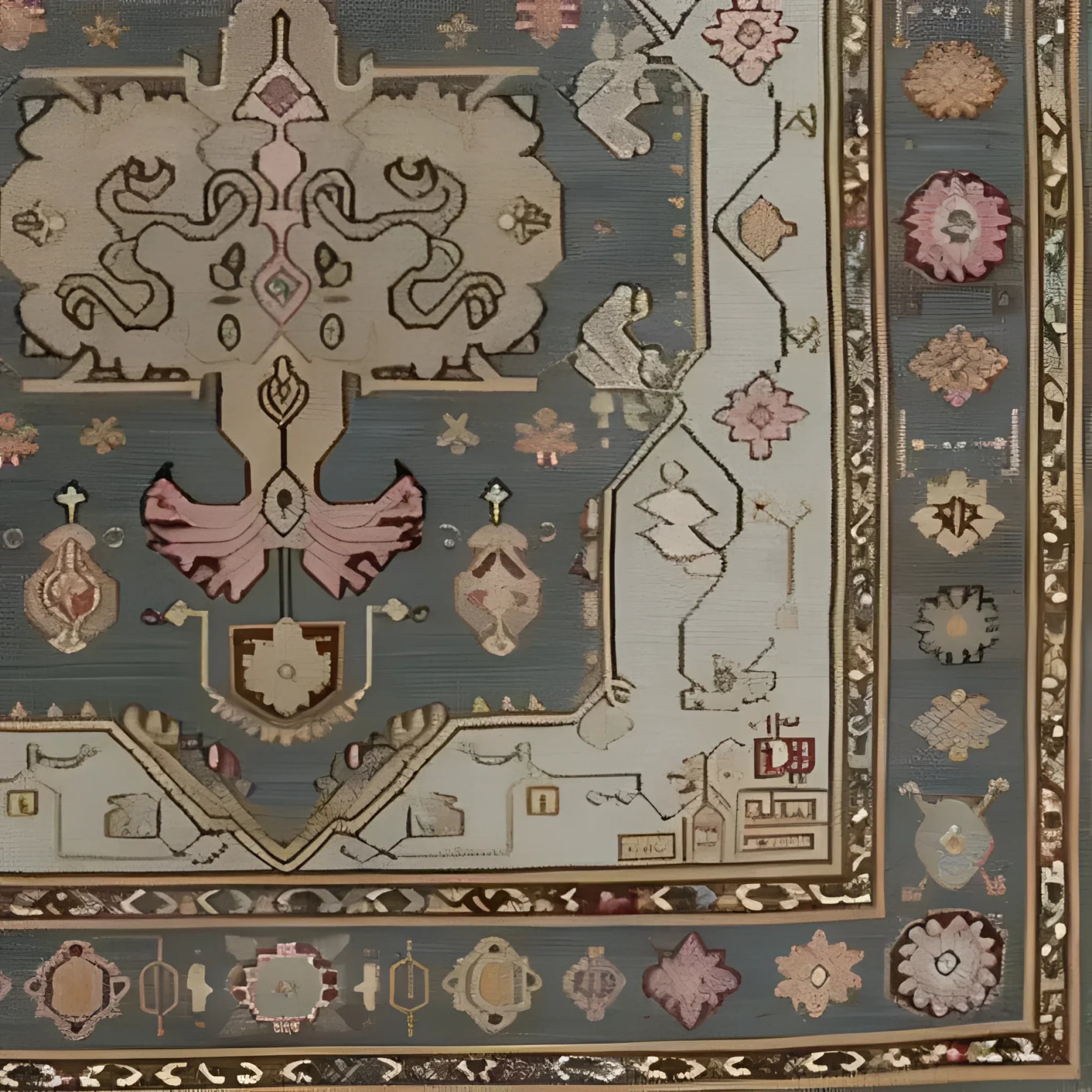 Close-up view of an Exotic Persian Retreat Hand Knotted Area Rug, showcasing intricate vintage patterns in earthy tones. This wool rug is perfect for adding a touch of elegance to large living room spaces, embodying the timeless charm of Persian rugs.