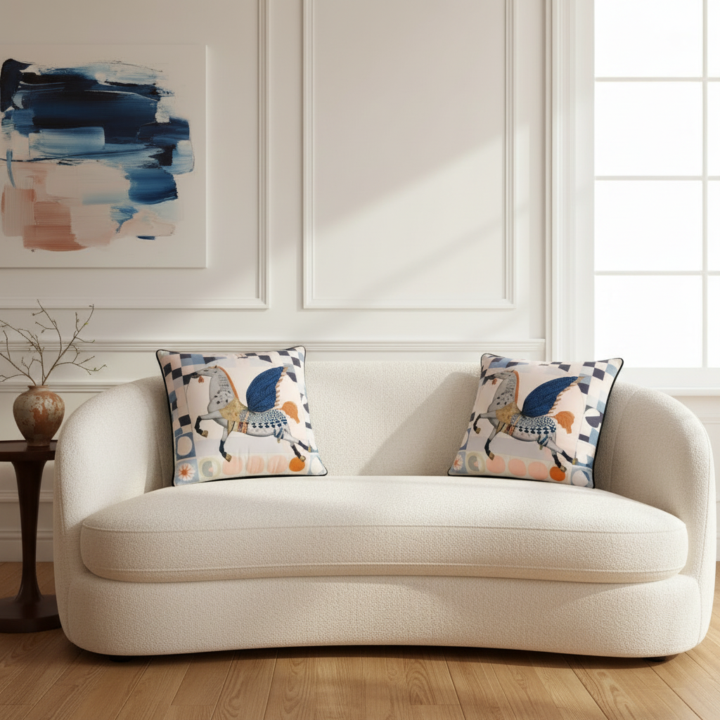 A cream-colored curved sofa in a bright living room setting, styled with two decorative throw pillows featuring a whimsical blue, beige, and orange horse pattern.