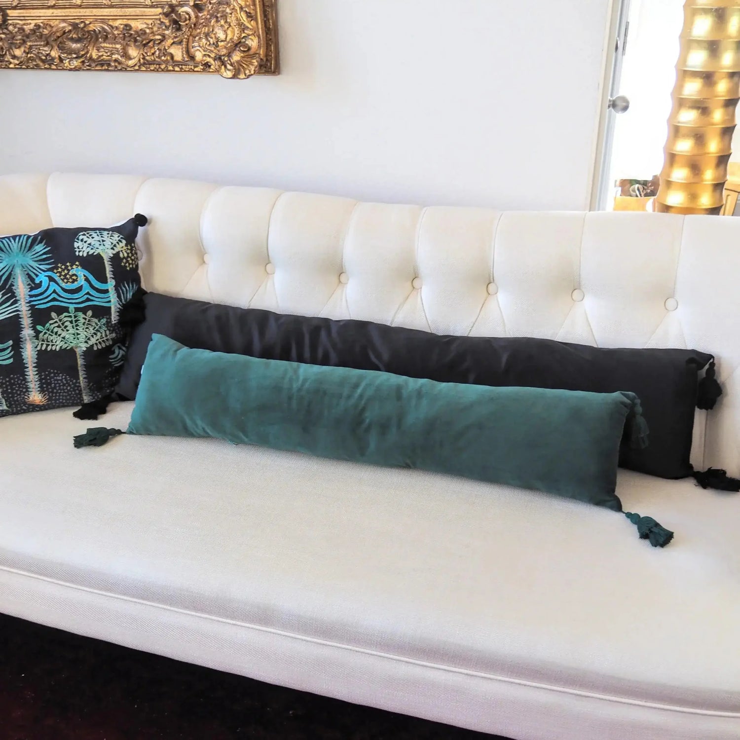 Extra Skinny Lumbar Pillow with Tassels - Black Green Cover Only 9" x 39"