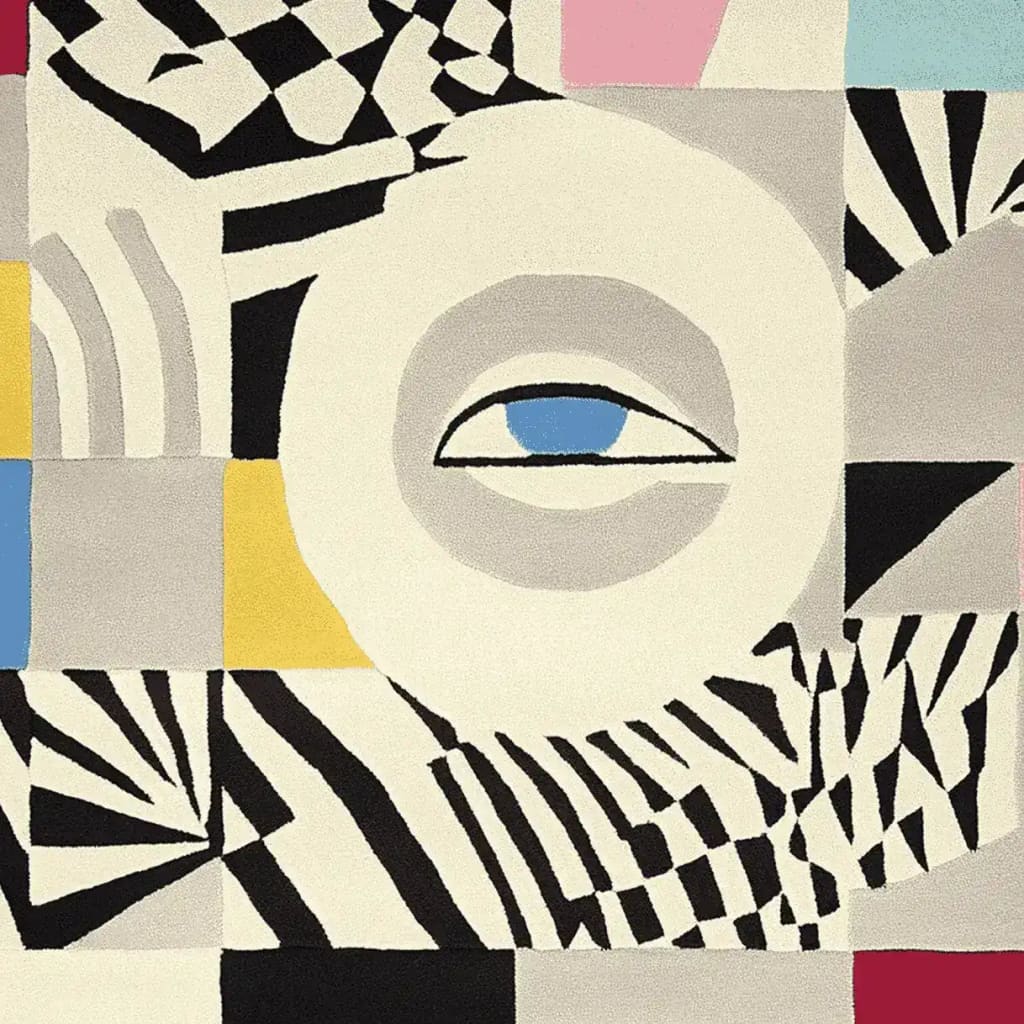 The Eye Spy Chaos Hand Tufted Rug features a bold and abstract pattern with a prominent eye design in the center. This contemporary area rug showcases a mix of geometric shapes and vibrant colors, making it an ideal wool rug for large living room spaces. Perfect for adding a touch of modern art to your living room area.