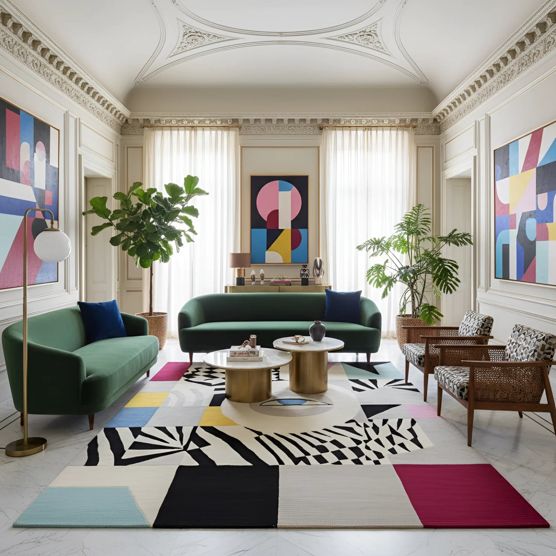Modern living room with green sofas, colorful abstract designer rug, and abstract art.