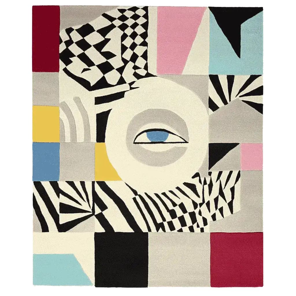 A vibrant and contemporary area rug showcasing an abstract design with bold geometric patterns and a central eye motif. This large living room rug is hand-tufted from wool, offering a modern touch to any space. Ideal for those seeking unique living room area rugs.