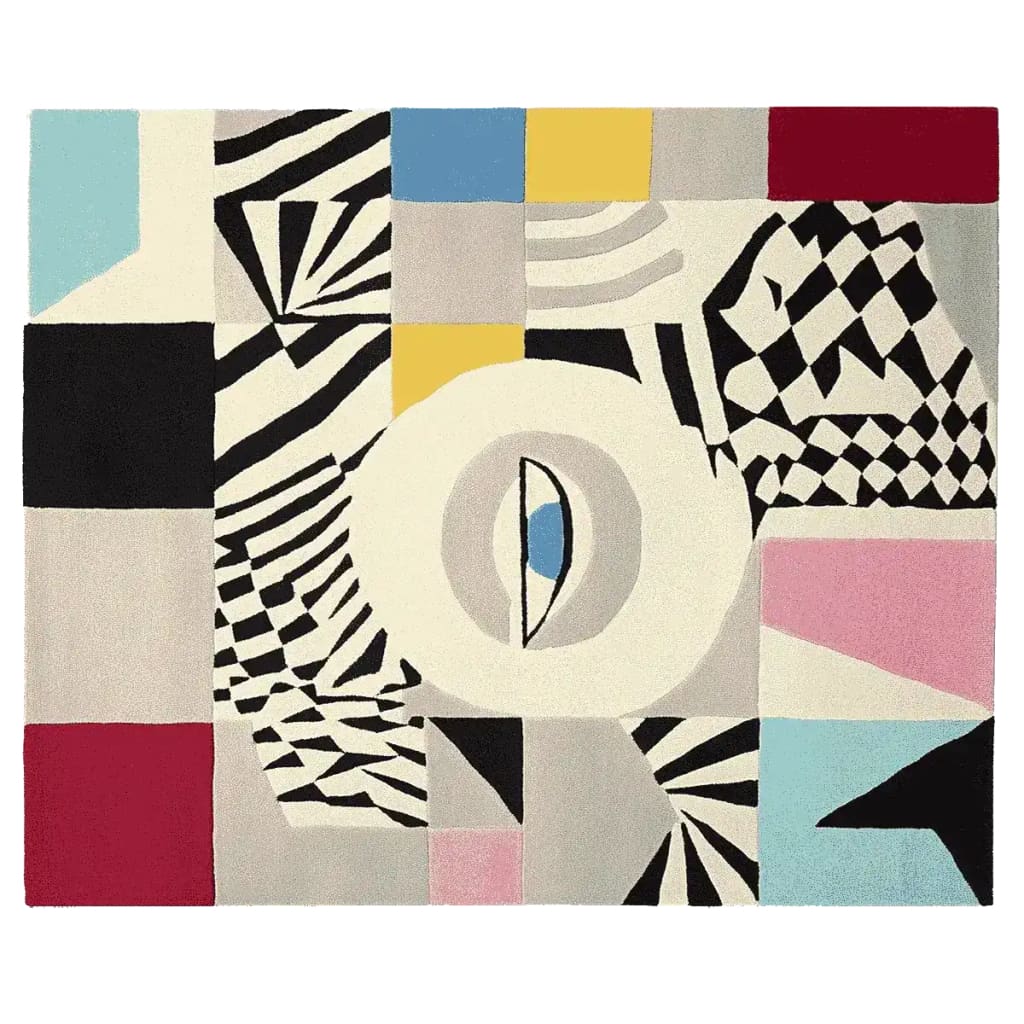 Eye Spy Chaos Hand Tufted Rug features a striking abstract design with bold geometric patterns in black, white, blue, yellow, red, and pink hues. This contemporary area rug is perfect for adding a modern touch to large living rooms. Made from high-quality wool, this living room area rug combines style and comfort.