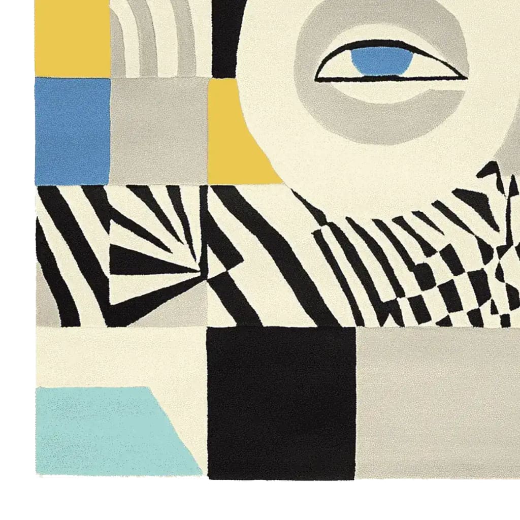 The Eye Spy Chaos Hand Tufted Rug, a stunning area rug perfect for contemporary spaces. This large living room rug features an abstract design with bold geometric patterns in black, white, yellow, and blue. Made from high-quality wool, this living room area rug adds a modern touch to any interior.