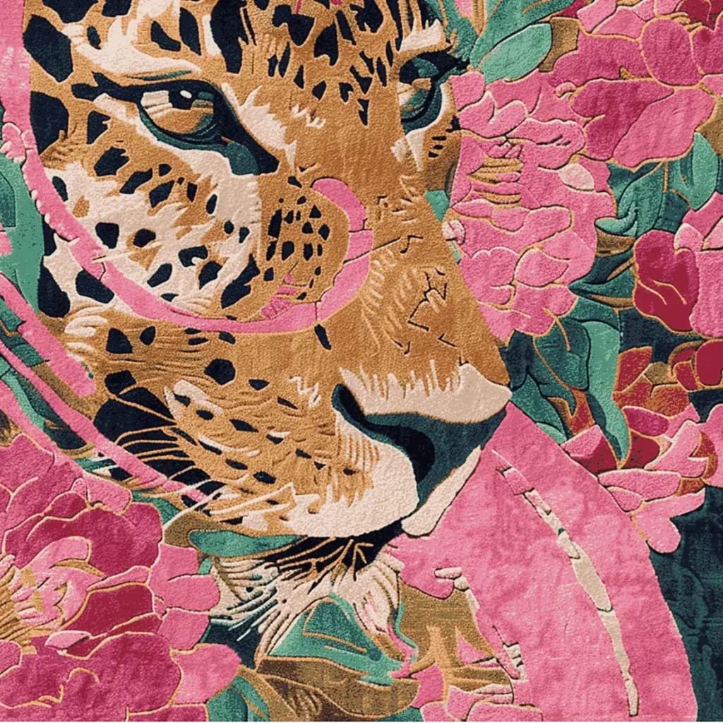 This vibrant area rug features an abstract depiction of a tiger surrounded by lush pink and green floral patterns. The wool square rug is perfect for large living rooms, blending art with functionality as a stunning living room area rug.