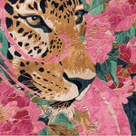 This vibrant area rug features an abstract depiction of a tiger surrounded by lush pink and green floral patterns. The wool square rug is perfect for large living rooms, blending art with functionality as a stunning living room area rug.