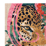 This vibrant area rug features a striking design with a fierce leopard face, blending earthy tones of brown and black with bold pink and green accents. Perfect as a square area rug for large living rooms, this wool rug adds a touch of the wild with its floral and animal-inspired pattern.