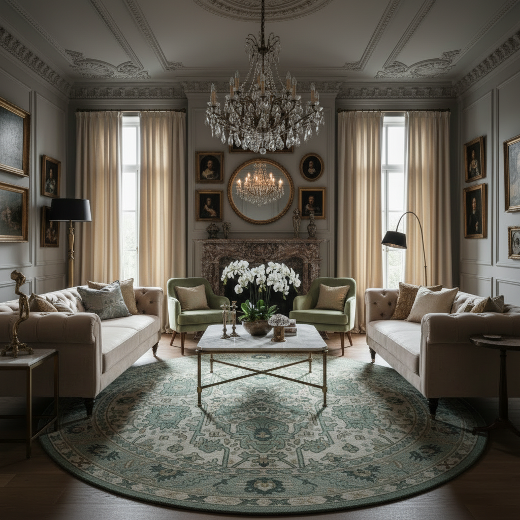 Round rug with intricate pattern on a white background