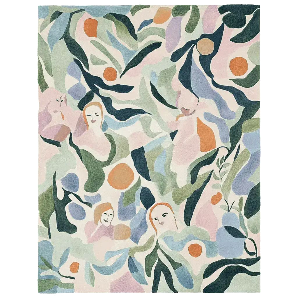 This hand-tufted area rug, titled 'Faces in Flora', showcases a contemporary design with abstract floral patterns and subtle human faces. Ideal for large living rooms, this 8x10 wool rug adds a touch of artistic flair and modern elegance.