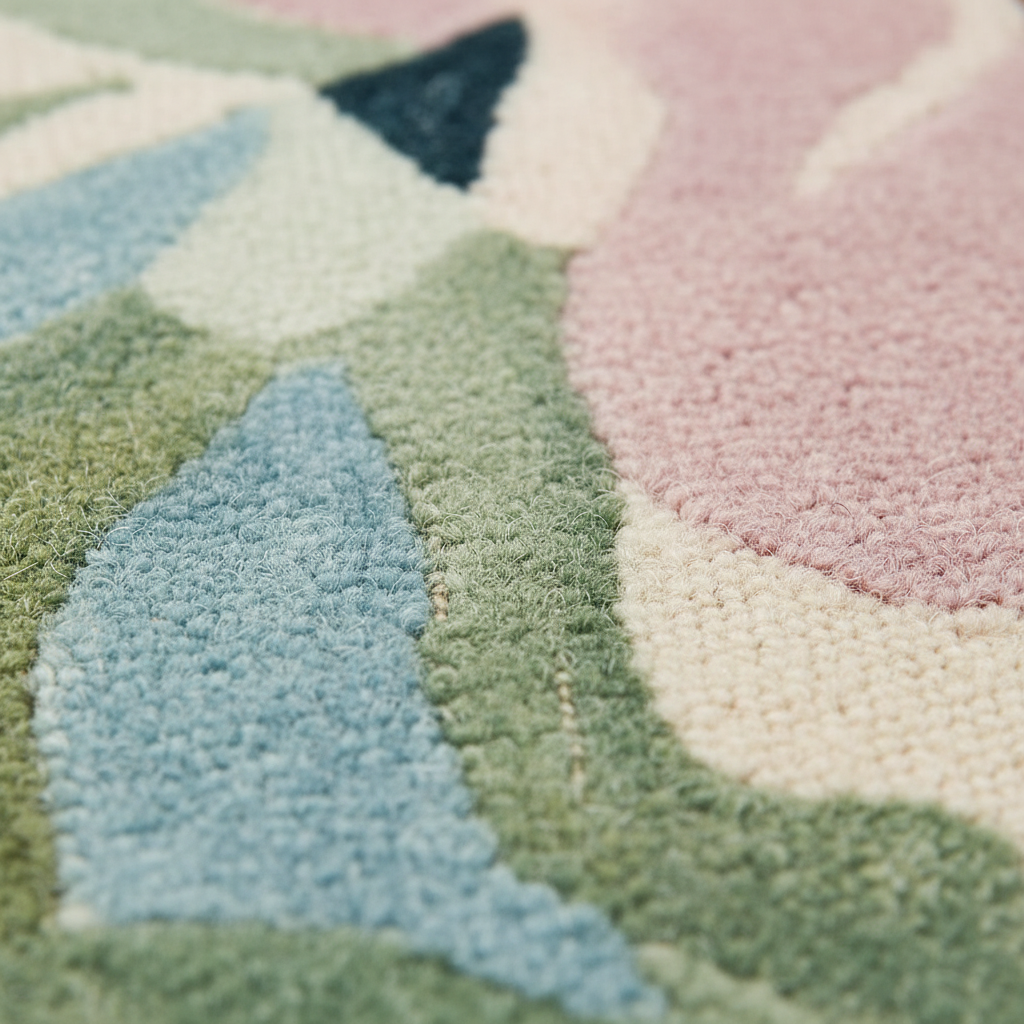 Close-up of a textured rug with pastel colors