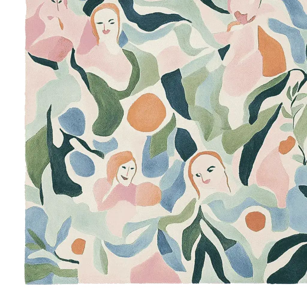 This vibrant hand-tufted area rug features abstract faces interwoven with floral patterns, creating a contemporary design. Perfect for adding a touch of artistry to your living room, this 8x10 wool rug brings life and color to large spaces.