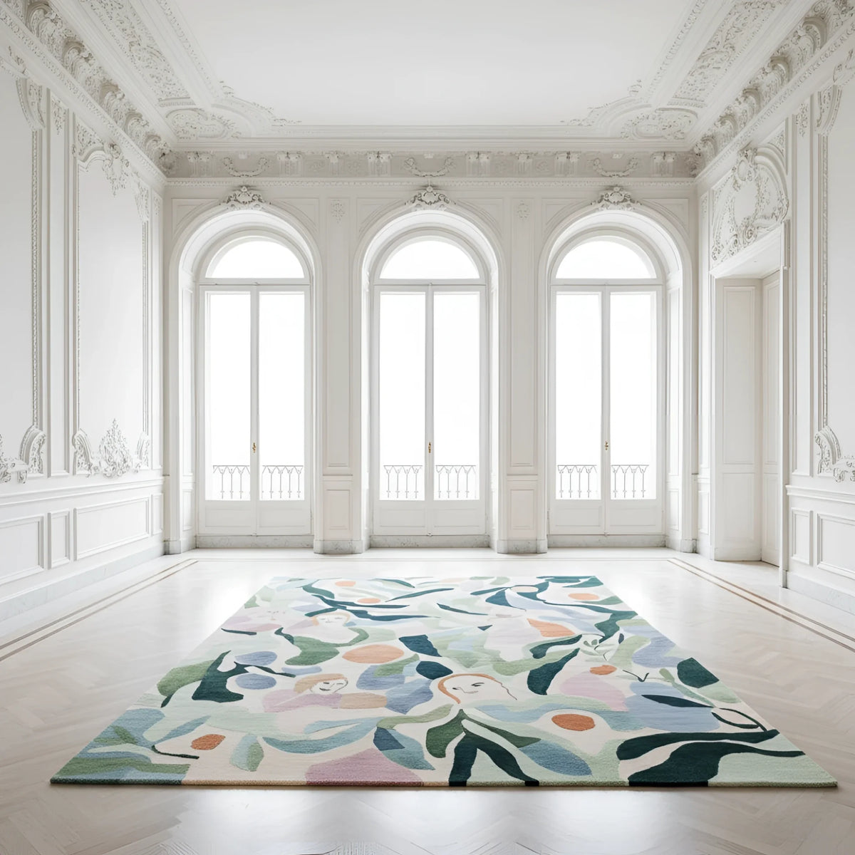 Decorative rug with floral pattern in a bright, elegant room with arched windows.