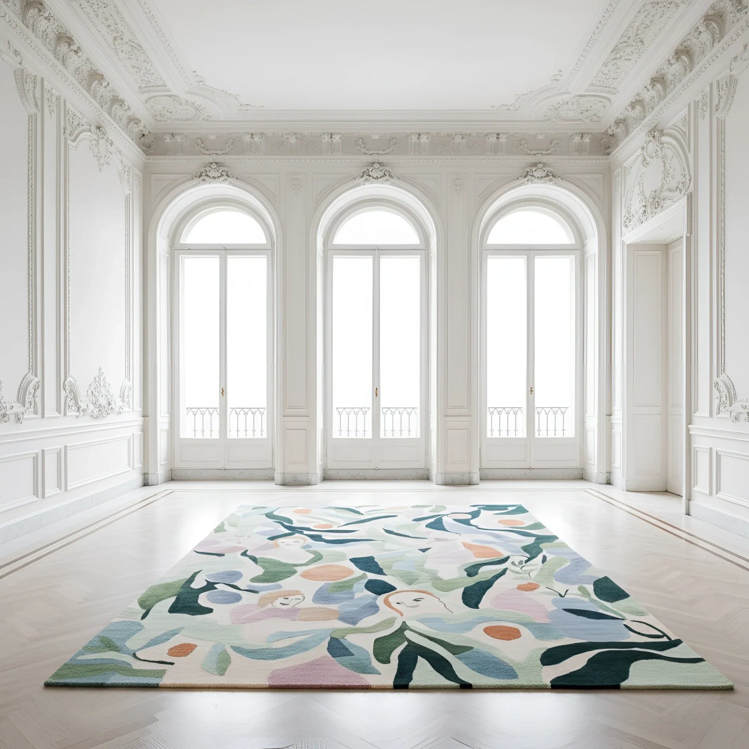Decorative rug with floral pattern in a bright, elegant room with arched windows.
