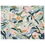 A vibrant hand-tufted area rug featuring abstract floral and face designs. This contemporary rug, perfect for large living rooms, measures 8x10 and is crafted from high-quality wool, offering a stylish and artistic touch to any space.