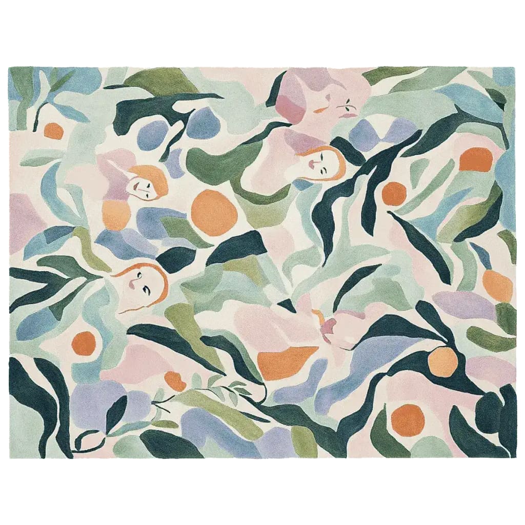 A vibrant hand-tufted area rug featuring abstract floral and face designs. This contemporary rug, perfect for large living rooms, measures 8x10 and is crafted from high-quality wool, offering a stylish and artistic touch to any space.
