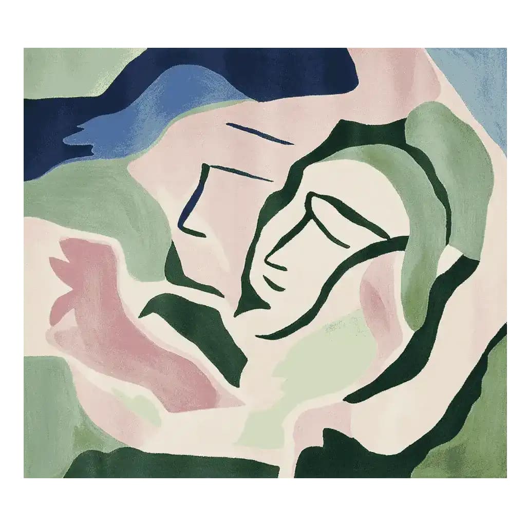 Top view of a Faded Bloom Spirit Hand Tufted Area Rug showcasing a contemporary abstract design with soft pastel shades. This large living room rug is crafted from wool, perfect for adding a touch of modern elegance to any living room area.