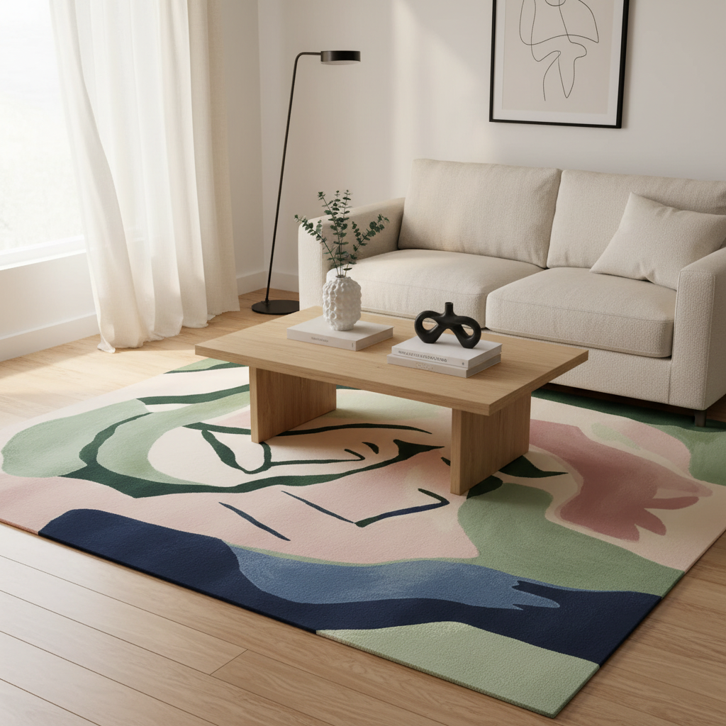 Living room with a colorful abstract rug, wooden coffee table, and beige sofa.