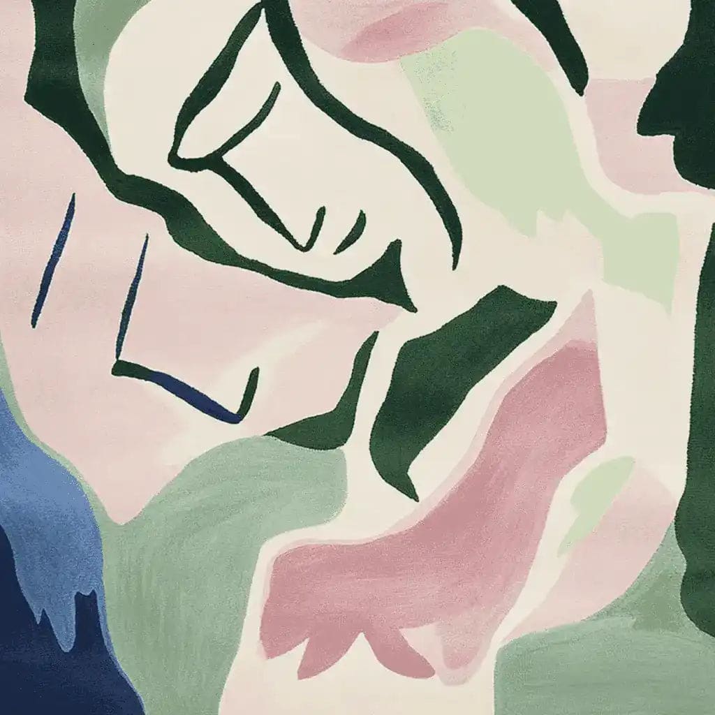 A vibrant, abstract design on a Faded Bloom Spirit Hand Tufted Area Rug. This contemporary rug features lush colors in green, pink, and blue, ideal for large living room spaces. Made from high-quality wool, it adds a touch of artistic flair to any living room area.