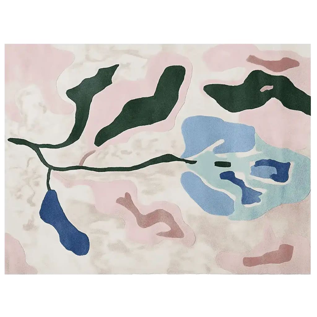 Top view of a contemporary hand-tufted wool area rug featuring an abstract floral design in soft pink, blue, and green hues. Ideal for adding a touch of elegance to living room spaces, this rug blends seamlessly with modern decor.