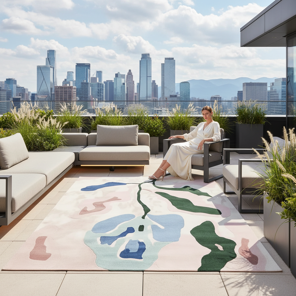 Woman sitting on a rooftop patio with city skyline and colorful rug